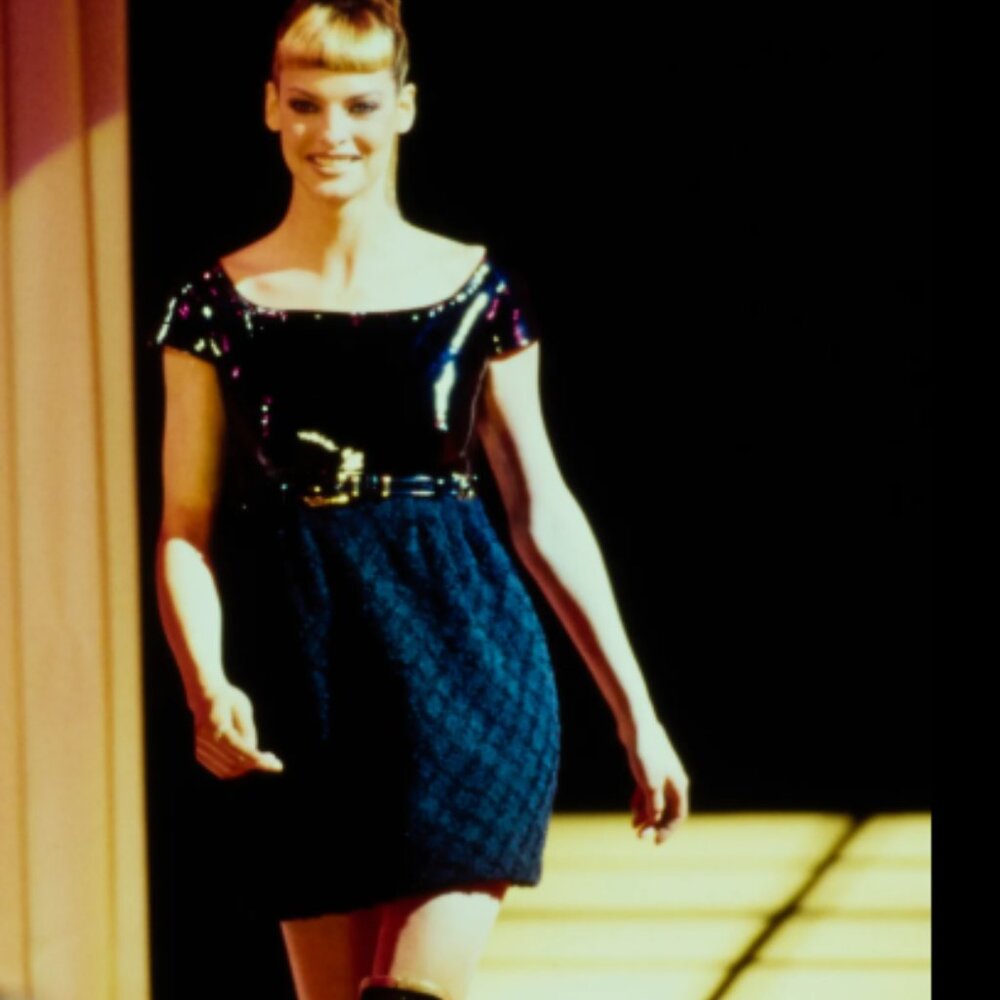 Vintage Gianni Versace Couture Fall 1994 Black PVC Boucle mini dress Sz 4-6 US